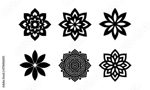 Set of six geometric floral designs in black silhouette style for decorative patterns