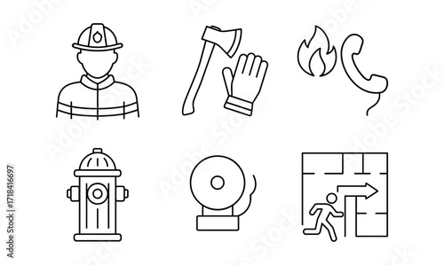 Essential fire safety icons set in minimal linear style for emergency awareness