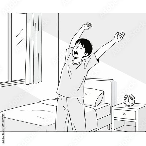 A clean minimalist vector illustration of a person waking up, stretching arms gracefully.