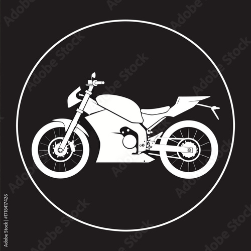 Minimalist graphic icon of a modern sport motorcycle, side profile silhouette inside a circular frame. Vector illustration for transportation and motorcycling concepts