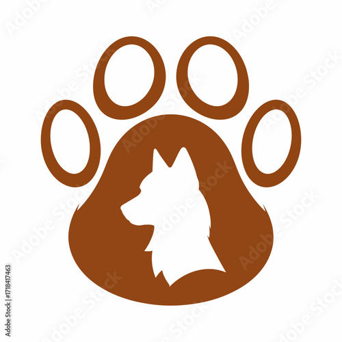 Creative logo design featuring a dog head silhouette inside a brown paw print, a simple modern icon for a veterinary clinic or pet shop