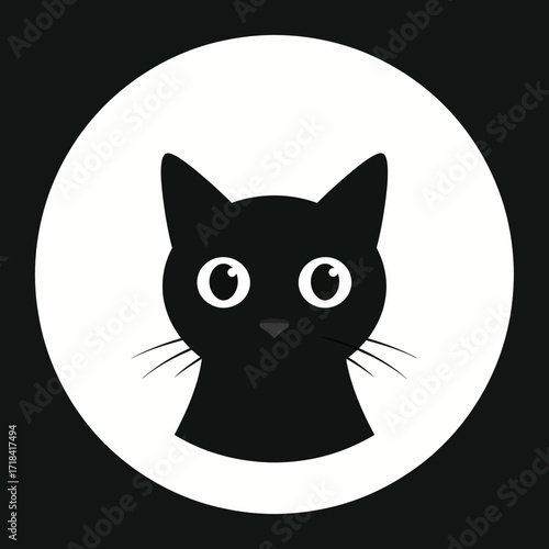 Cute Black Cat Head Icon Isolated on White Circle Background, Minimalist Design for Pets Lovers