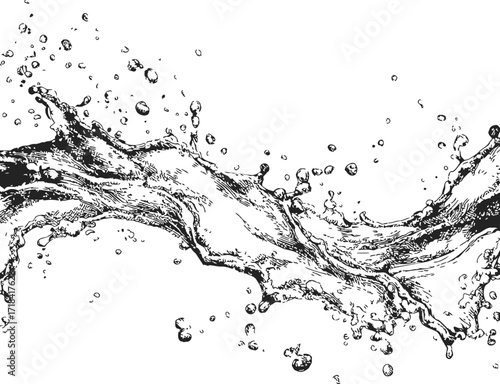 Water splash sketch, hand drawn vector with dynamic flowing motion and droplets — stock vector