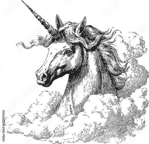 Unicorn sketch hand drawn style with flowing mane emerging from clouds — stock vector