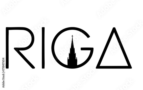 Riga City Skyline Typography Logo with Iconic Spire, Modern Minimalist Black Text on Transparent Background for Travel and Design Uses