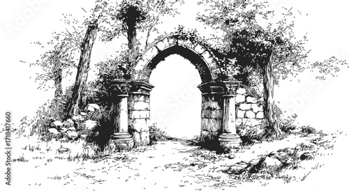 Ancient stone arch sketch, hand drawn ruins with trees and overgrown path — stock vector