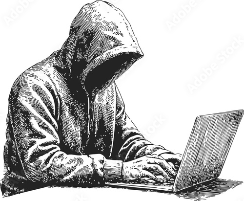 Hooded figure sketch hand drawn style using laptop computer — stock vector