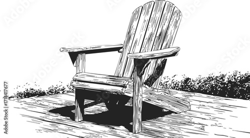 Adirondack chair sketch hand drawn on wooden deck outdoors — stock vector