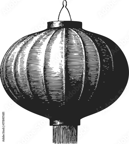 Chinese lantern sketch hand drawn round paper lantern with tassel — stock vector