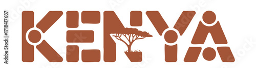Kenya Typography Logo with Acacia Tree Silhouette, Modern African Safari Design, Brown Cutout Text on Transparent Background