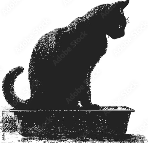 Cat silhouette sketch hand drawn sitting in litter box side view — stock vector