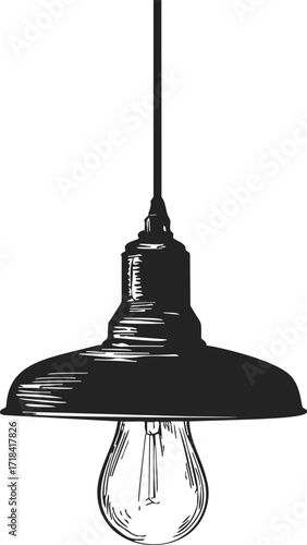 Vintage pendant lamp sketch hand drawn with exposed bulb and metal shade — stock vector