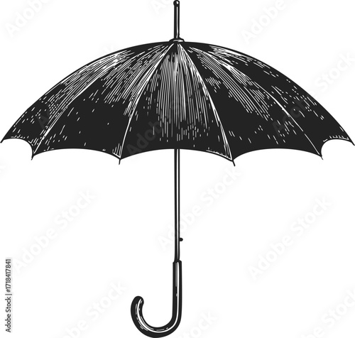 Umbrella sketch hand drawn classic curved handle segmented canopy — stock vector