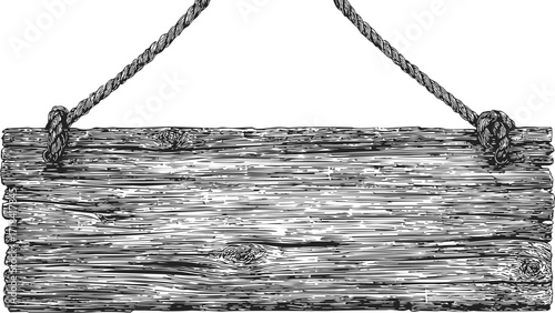 Wooden signboard sketch, hand drawn hanging plank with rope, rustic blank template — stock vector