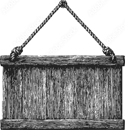 Wooden signboard sketch hand drawn with rope hanging blank rustic plaque — stock vector