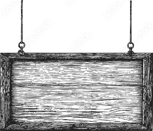Wooden sign sketch, hand drawn hanging blank rectangle plaque with rope and wood grain texture — stock vector