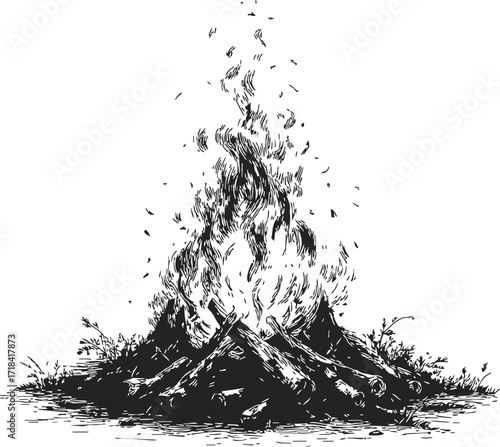 Campfire sketch hand drawn style with burning logs and flames outdoors — stock vector