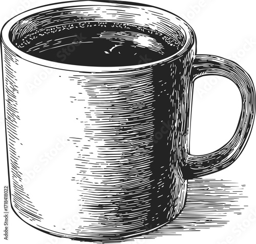 Coffee cup sketch hand drawn with detailed hatching and shading — stock vector
