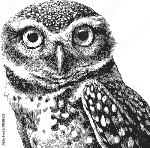 Owl sketch hand drawn detailed portrait with intense eyes — stock vector