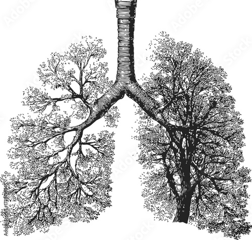 Lungs sketch hand drawn as branching trees with detailed bronchi structure — stock vector