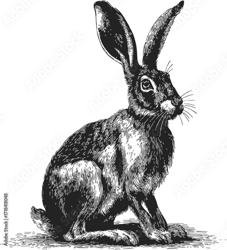 Rabbit sketch hand drawn black and white sitting detailed engraving — stock vector