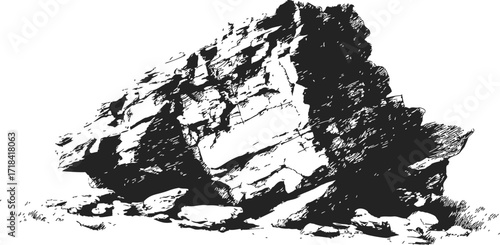 Rock formation sketch, hand drawn rugged outcrop with detailed shading — stock vector