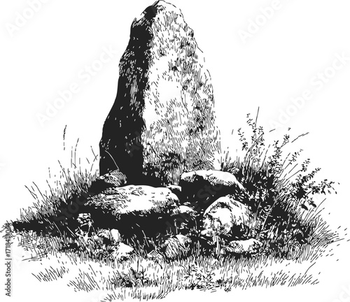 Standing stone sketch, hand drawn menhir with grass and rocks in ancient landscape — stock vector