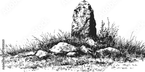 Standing stone sketch, hand drawn menhir surrounded by grass and rocks — stock vector