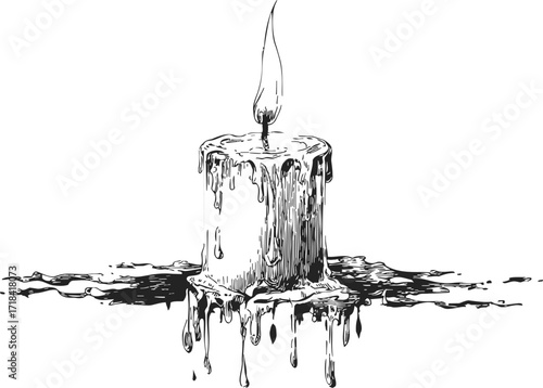Candle sketch hand drawn with melting wax and burning flame — stock vector