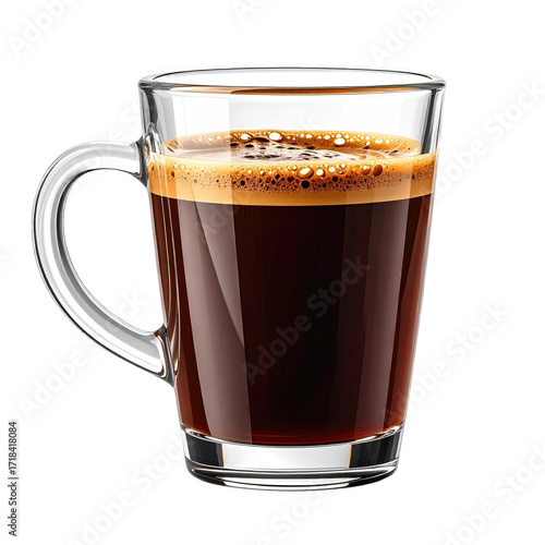 Glass espresso cup filled with dark coffee.  Aromatic, rich, and dark coffee in a clear glass cup with a handle.  Creamy top layer