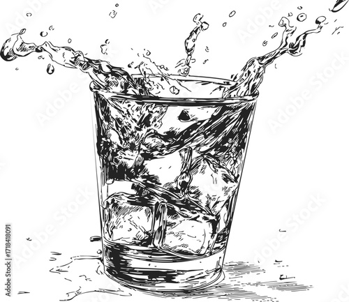 Glass of water sketch hand drawn with ice cubes and splash — stock vector