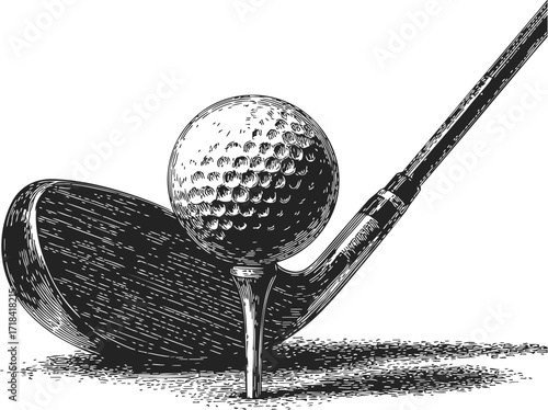 Golf ball sketch, hand drawn style with club and tee in detailed closeup — stock vector