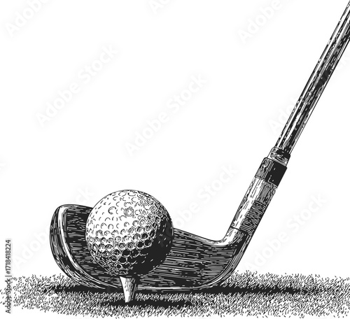 Golf club and ball sketch, hand drawn style on grass, close up scene — stock vector