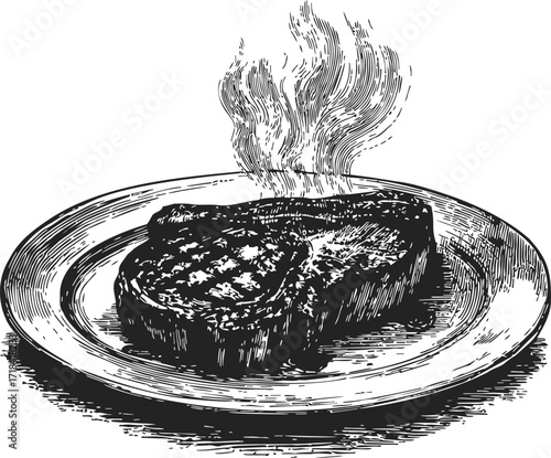 Steak hand drawn sketch on plate with steam rising — stock vector