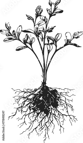 Plant anatomy sketch, hand drawn botanical structure with roots and shoots — stock vector