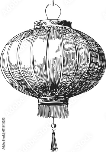 Chinese lantern sketch, hand drawn vector, detailed round paper lamp with tassel and ornate top — stock vector