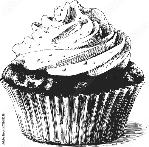 Cupcake sketch hand drawn with detailed frosting and textured wrapper — stock vector