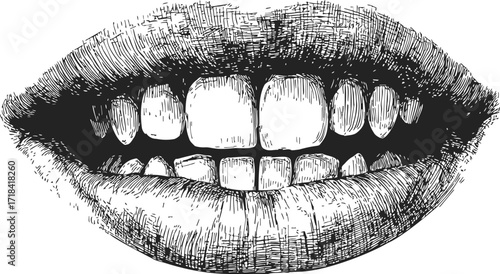 Lips sketch hand drawn with visible teeth detailed line art — stock vector