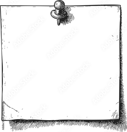 Blank note paper with push pin sketch, hand drawn style, isolated on white — stock vector