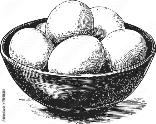 Eggs in bowl sketch, hand drawn line art food illustration — stock vector