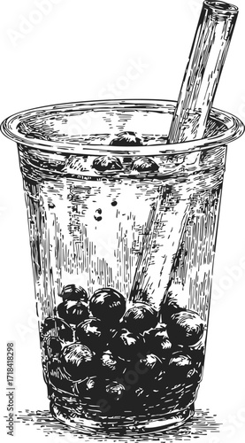 Bubble tea sketch hand drawn in plastic cup with straw and tapioca pearls — stock vector