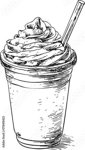 Milkshake sketch hand drawn with whipped cream and straw in plastic cup — stock vector