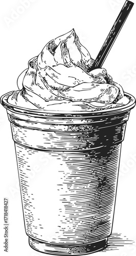 Milkshake sketch hand drawn in plastic cup with whipped cream and straw — stock vector