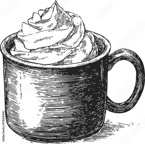 Whipped cream in mug sketch, hand drawn style, detailed vintage dessert illustration — stock vector