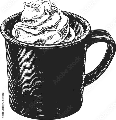 Mug with whipped cream sketch, hand drawn style, detailed black and white illustration — stock vector