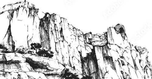 Cliff face sketch, hand drawn rocky mountain with detailed crags and sparse vegetation — stock vector
