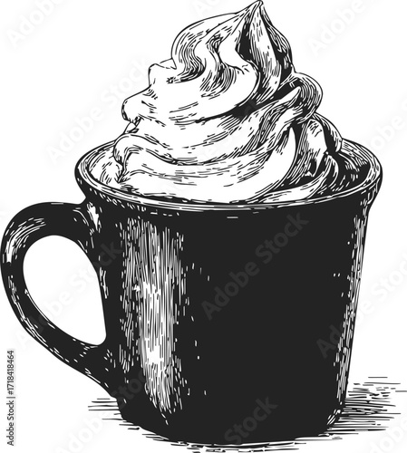 Cup of whipped cream sketch, hand drawn style, detailed vintage dessert illustration — stock vector