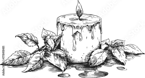 Candle with melting wax and leaves sketch hand drawn botanical scene — stock vector