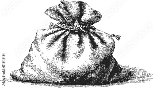 Sack sketch, hand drawn burlap bag with rope, vintage style, isolated on white — stock vector