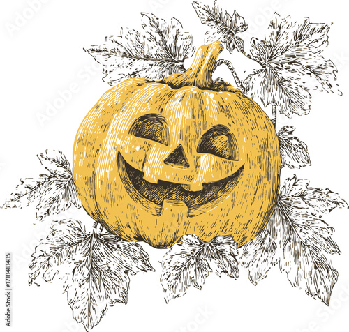 Jack o antern sketch hand drawn pumpkin with carved face and leaves — stock vector
